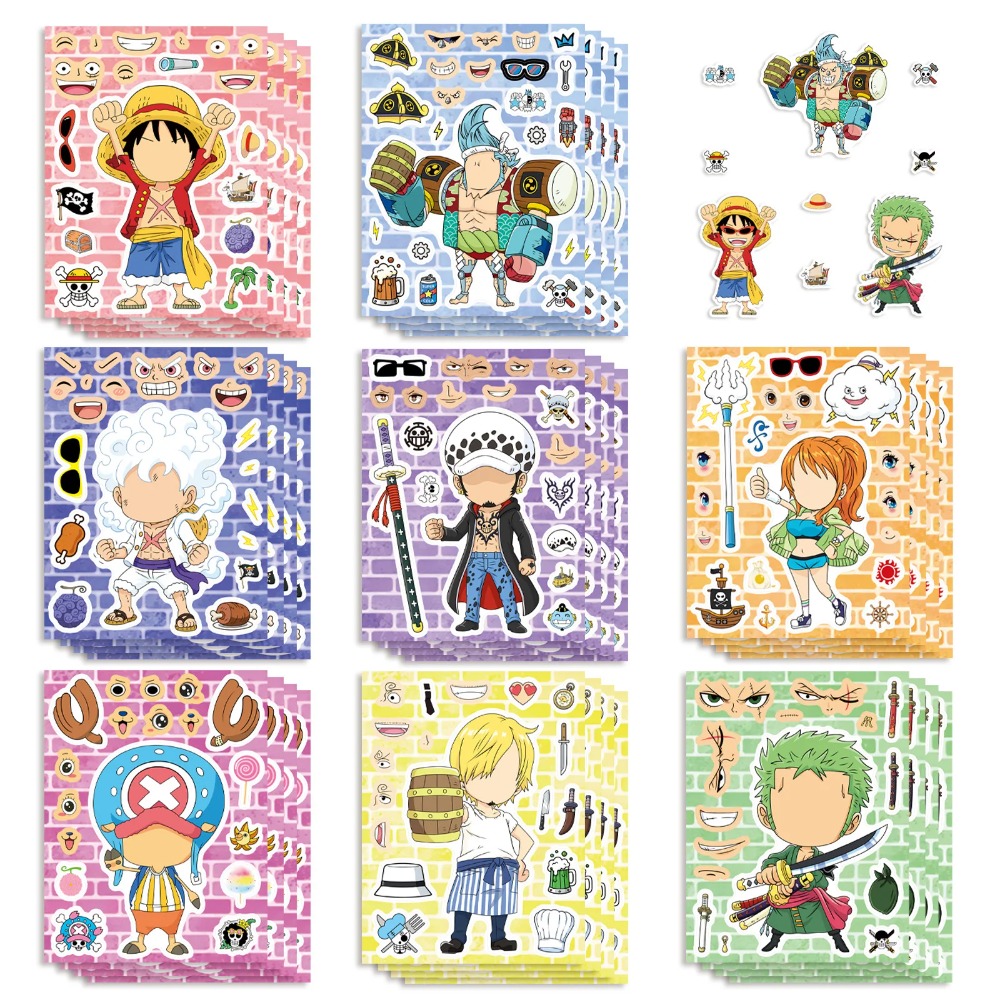 Laptop Accessories Kids - 8/16/24 แผ่น วันพีซ ลูฟี่ สติ๊กเกอร์ตัวต่อสำหรับเด็ก ทำหน้าตัวต่อ